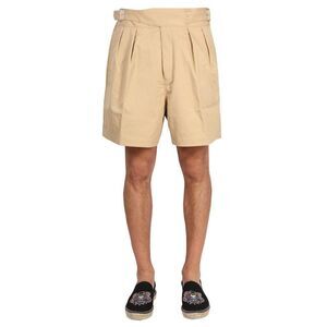 KENZO Pleated Belted Cotton Shorts Men Beige Pants